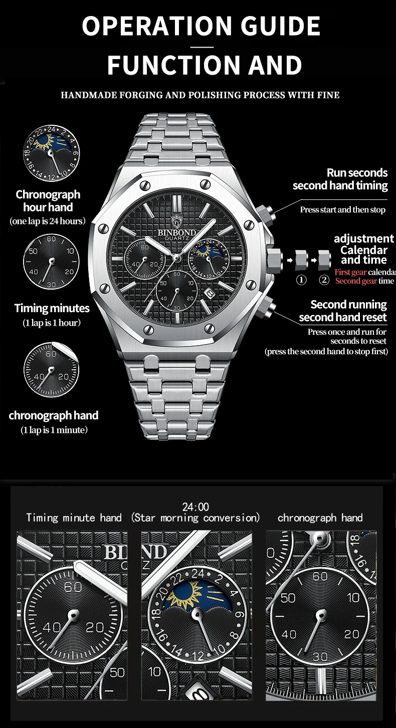 BINBOND Qualität Männer Uhr Luxus Hohe Mann Quarz Armbanduhr Wasserdicht Leucht Datum Edelstahl herren Uhren Casual Uhr – Detail 10