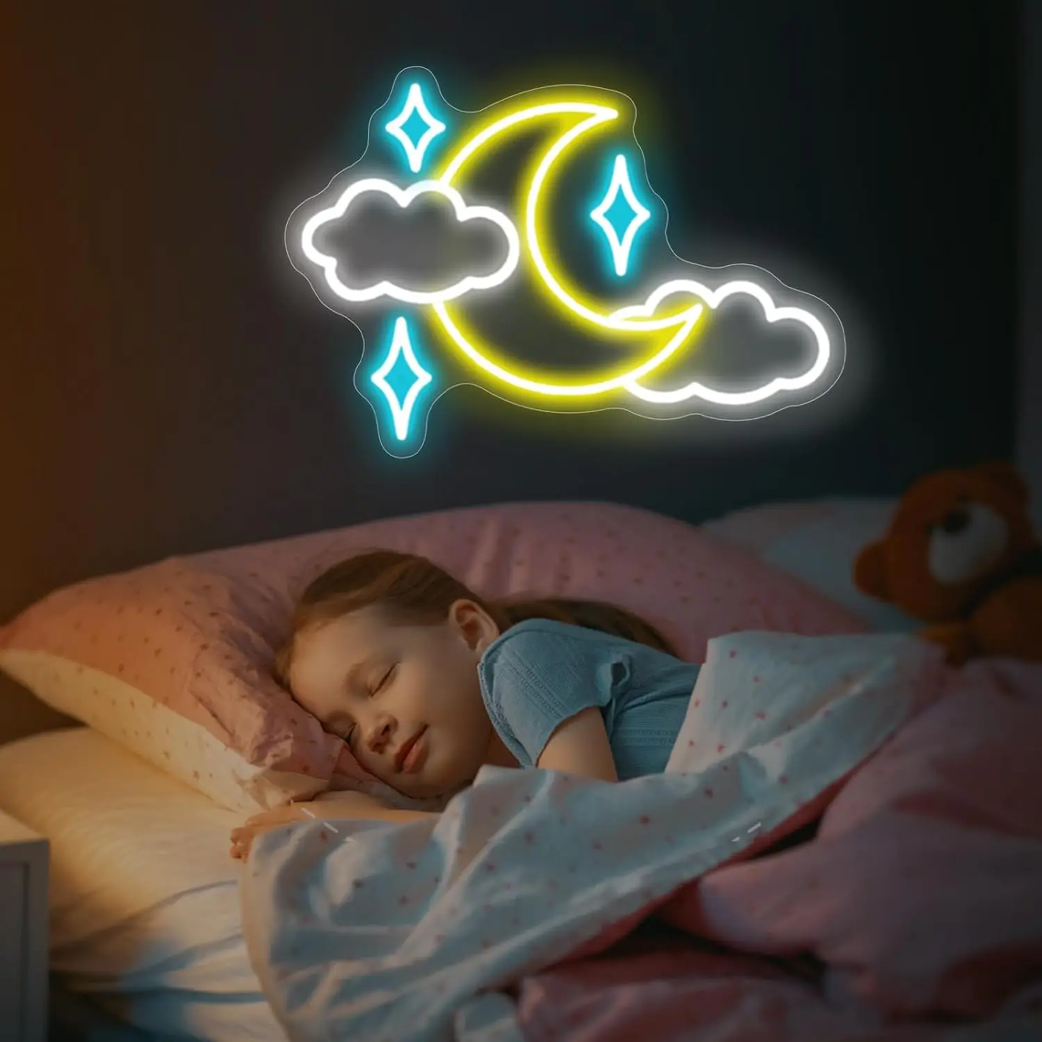 Moon Cloud Stars Neon Sign USB Powered LED Wall Light for Bedroom Kids Room Nursery Cute Kawaii Aesthetic Decor Birthday Gift