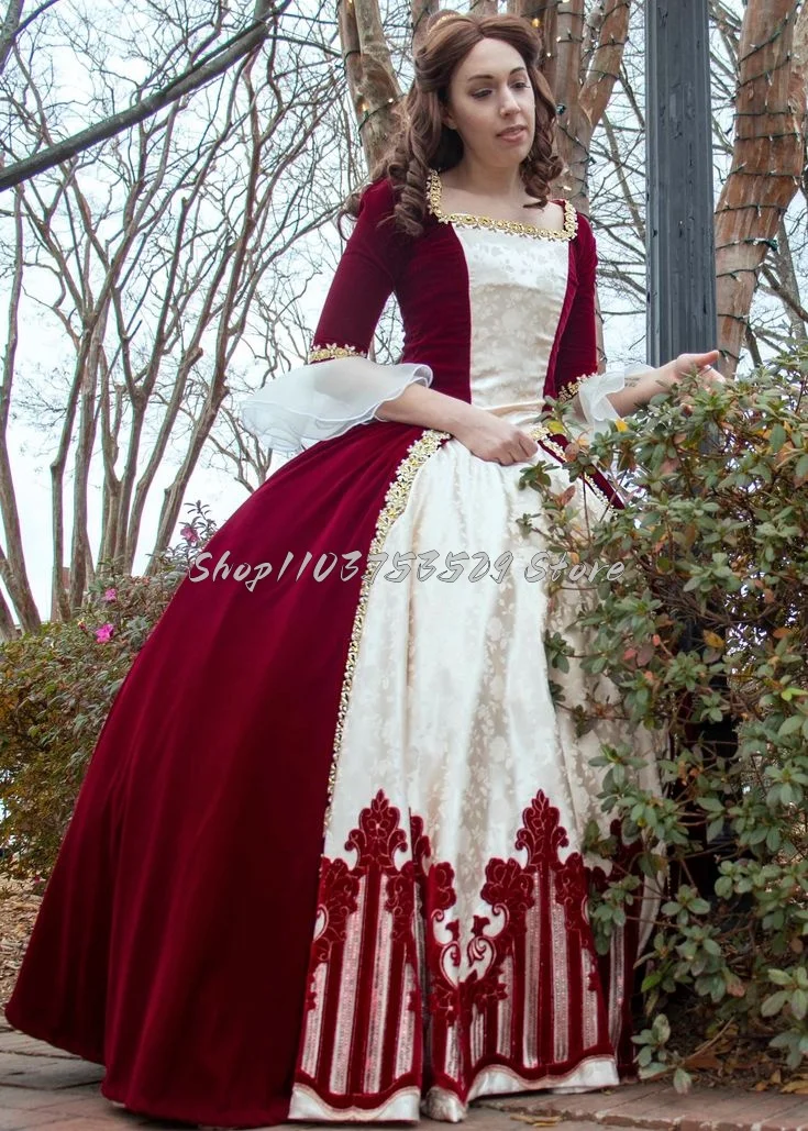 Fantasy Red White Victorian Prom Dresses Delicate Square Neck Lace Half Sleeve Tie Bow Applique Role Play Evening Gowns