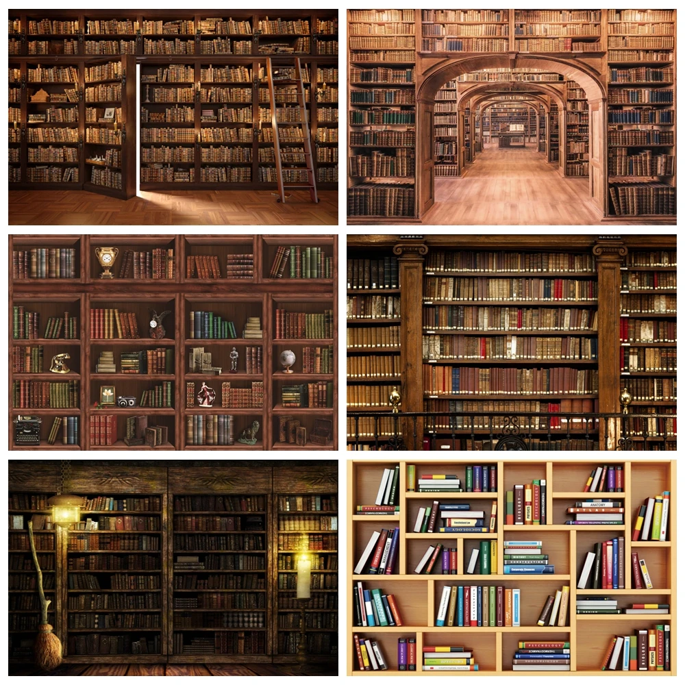 

Library Old Wooden Bookshelf Backdrop Vintage Library Study Magic Books Grunge Baby Portrait Photography Background Photo Studio