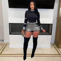 Fashion 2024 Summer Women Long Sleeve Bodycon Slim Big Rhinestone Playsuits Party Bodysuits Hot Drilling Sexy Black Club Rompers