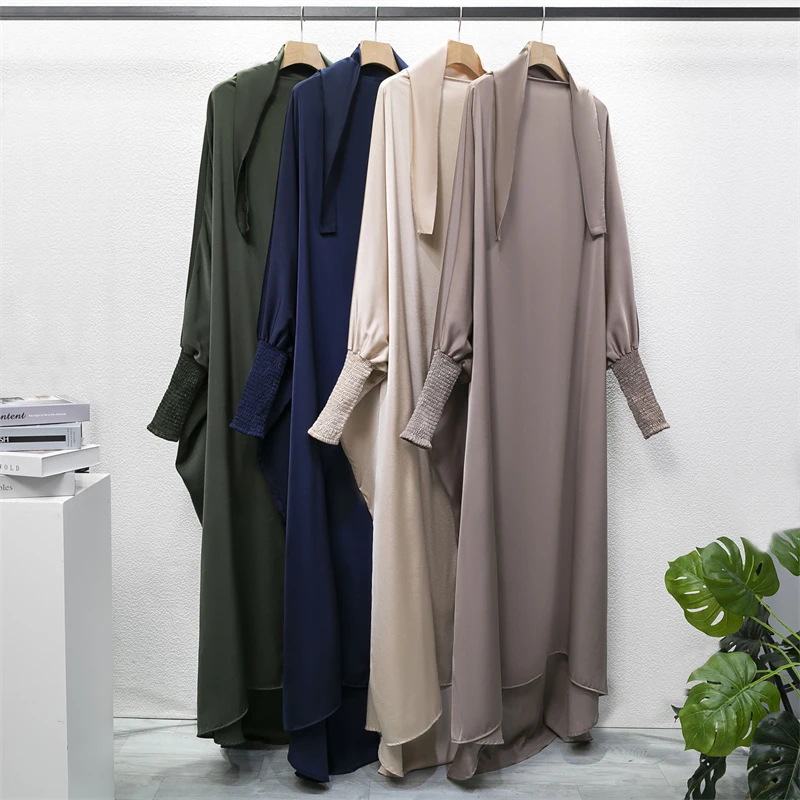 Muslim Abaya One-piece Prayer Dress Hooded Smocking Sleeve Women Jilbab Islamic Clothing Dubai Saudi Black Robe Turkish Modesty