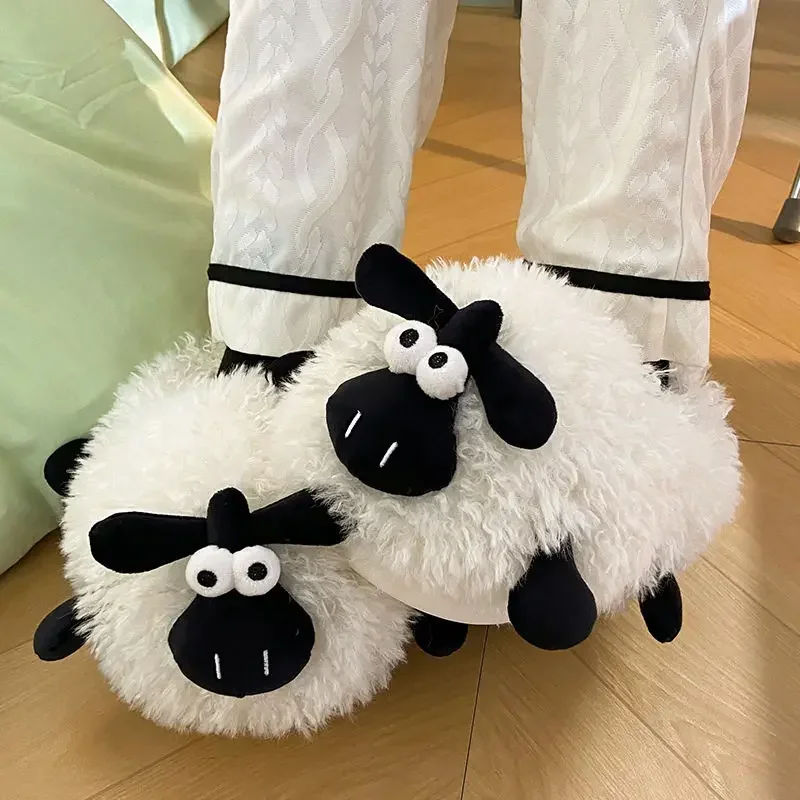 2024 new warm fluffy sheep slippers men's cute supple home shoes man fur loafer cotton padded slipper unisex animal woolly scuff