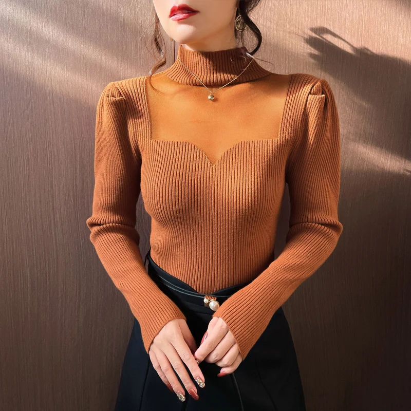 

2023 Temperament Exposed-clavicle Slim Knit Tops Mujer Solid Color Long Sleeve Bottoming Pullovers Female Fall New Sweaters