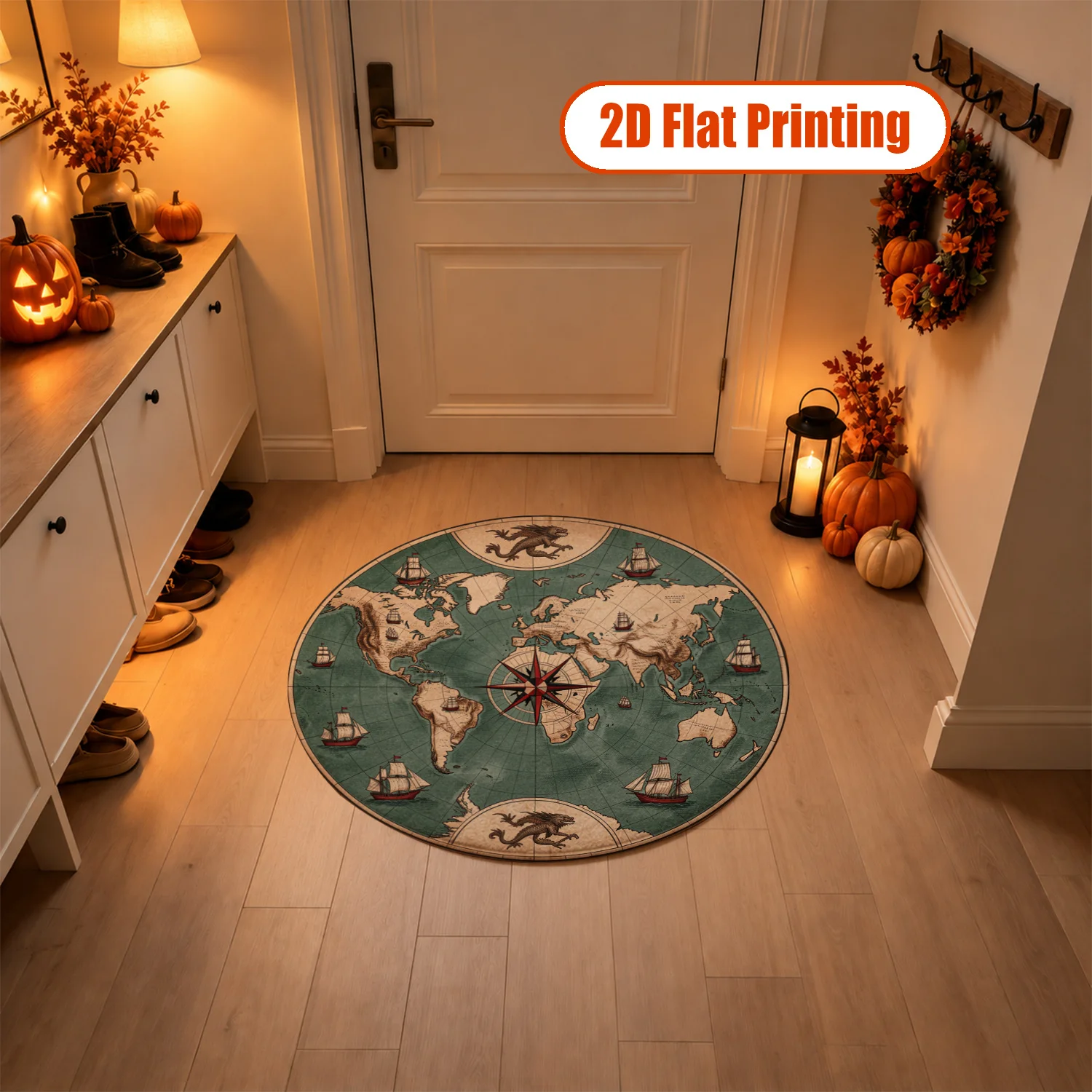 Vintage World Map Sailing Ships Compass Pattern Round Velvet Rug, Machine Washable Decorative Floor Mat for Living Room Bedroom Office Entryway, Ideal for Halloween Thanksgiving Christmas New Year Home Use