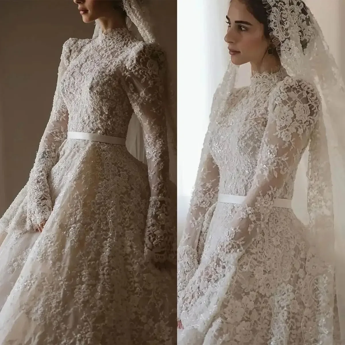 

Arab Lace Wedding Dress Sacred High Neck Printed Long Sleeved Bridal Gown Classic A-line Floor Length Princess Prom Dresses Cust