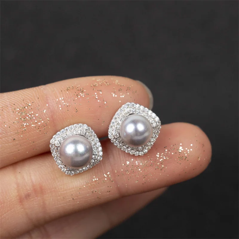 ED009 Lefei Fashion Luxury Classic Diamondset Strong Luster 7-8mm Akoya Gray Pearl Square Earring Women 925 Silver Party Jewelry