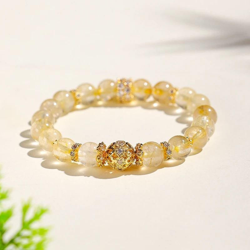 

8mm Golden Rutilated Quartz & Strawberry Quartz Beaded Bracelet Women Vintage Crystal Strand Bracelets Natural Stones Jewelry