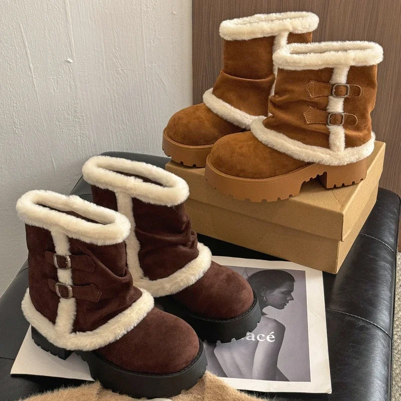 الخريف الشتاء حزام مشبك النساء أحذية الثلوج أنيقة الارتفاع زيادة أحذية السيدات في الهواء الطلق الدفء القطن الجوارب القصيرة #5