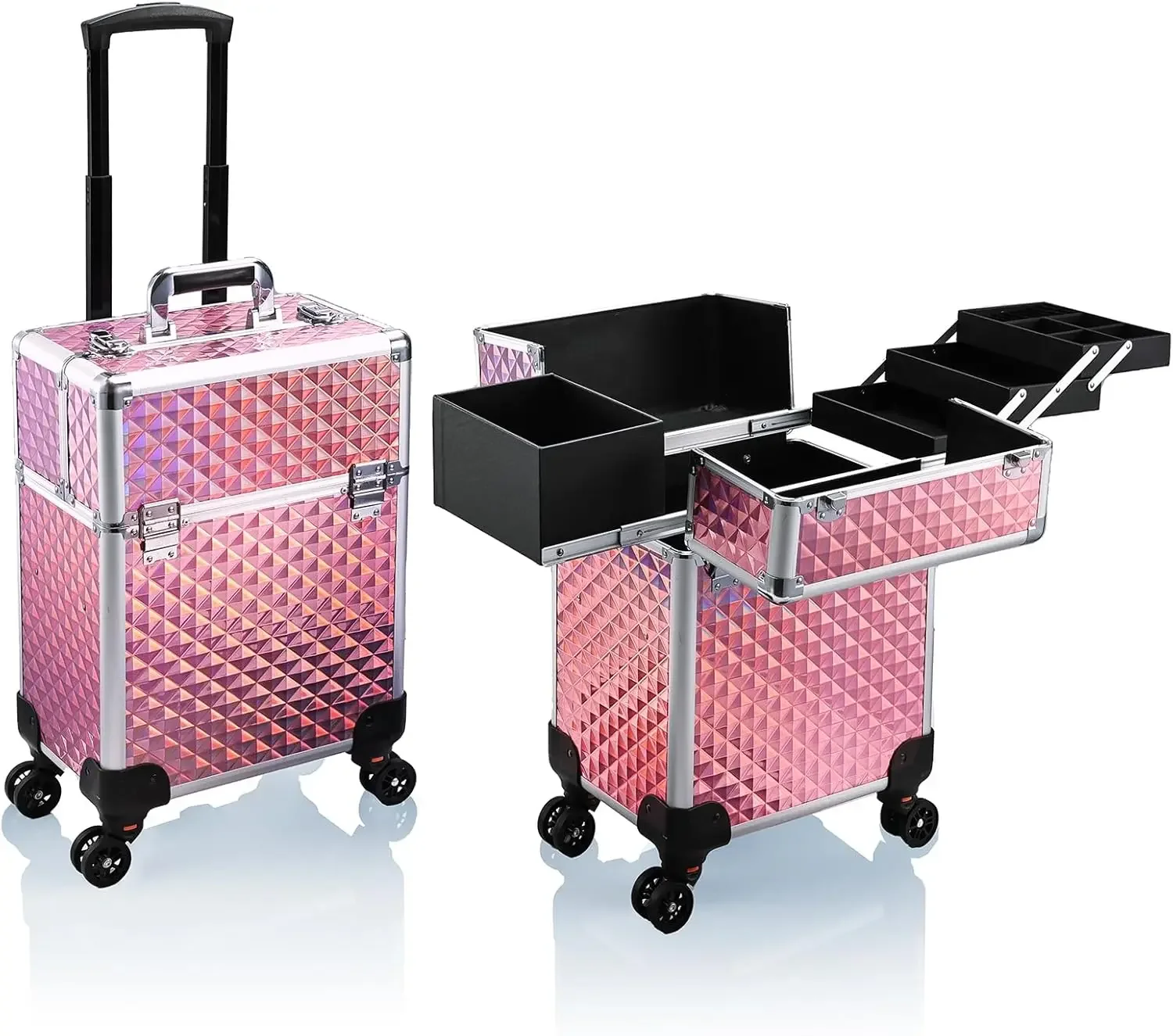 Rolling Makeup Train Case Large Storage Cosmetic Trolley 4 Tray with Sliding Rail Removable Middle Layer with Key Swivel Wheels