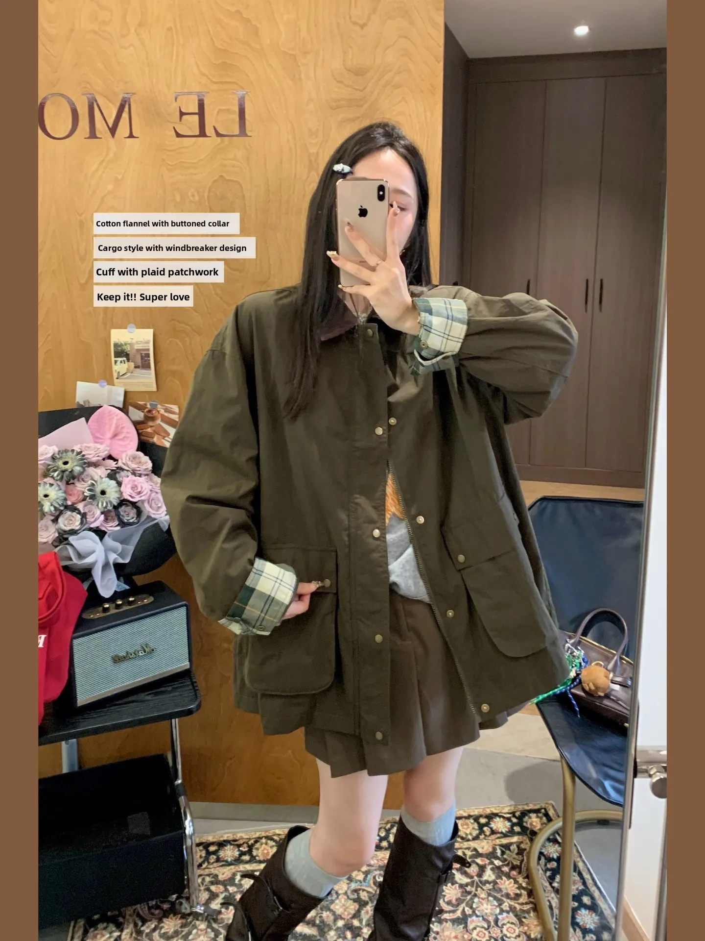 

Пальто средней длины Zhen Chun Hua Er Barn Wind Color Blo в клетку с лоскутным узором, в стиле ретро, с подплечниками, из хлопкового вельвета, с отложным воротником