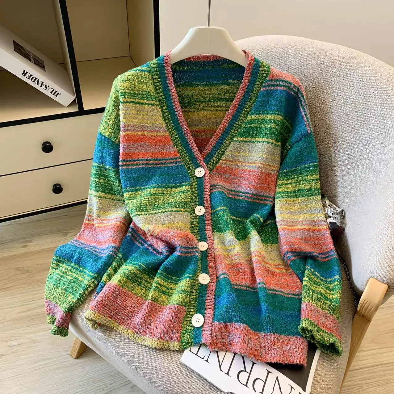 

V-neck Colorful Stripes Pattern Women's Knitted Cardigan 2000s Clothes Fashion Female Long Sleeve Vintage Autumn Thin Coat