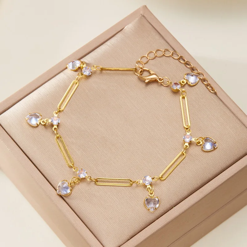 Vintage Gold Farbe Kette Armband für Frauen Elegante Schwarz Zirkon Herz Blume Kirsche Armband Hochzeit Party Mode Schmuck – Detail 6