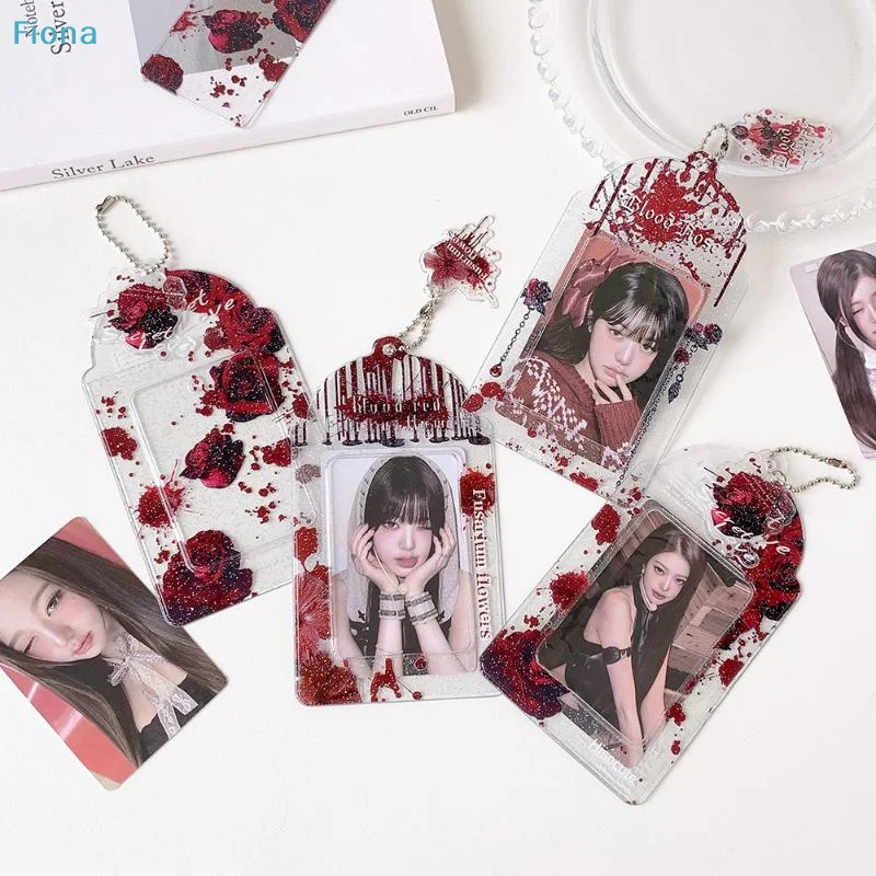 ✔Gothic Blood Rose Acrylic Photocard Holder Kpop Idol Photo Card Case Keychain Small Card Backpack Pendant Card Protection Set