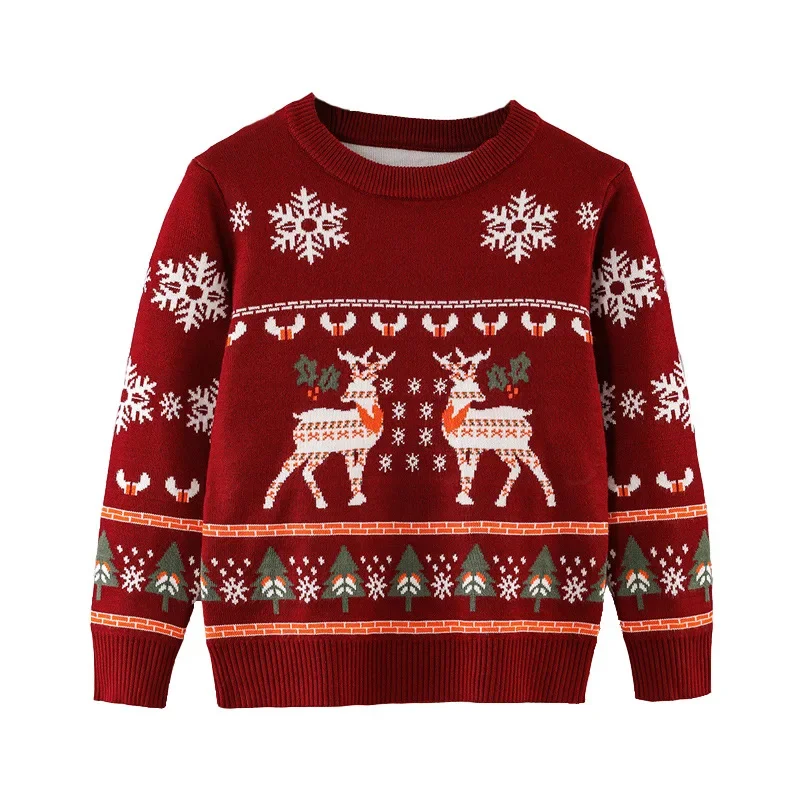 Kids Christmas Sweater Fall Winter Reindeer Snowflake Pattern Crew Neck Long Sleeve Knit Pullover Boys Girls Holiday Party Tops