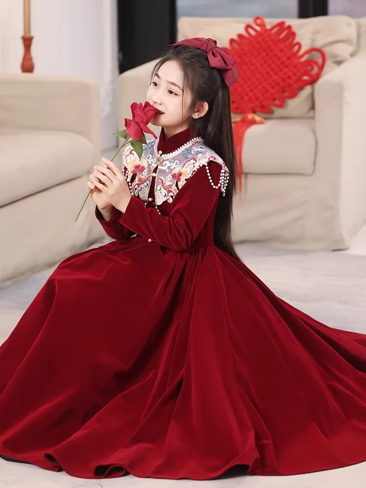 

Red Girls' New Year Dress Host High-end Flower Girl Princess Dress Autumn Winter Children's Piano Performance Costume