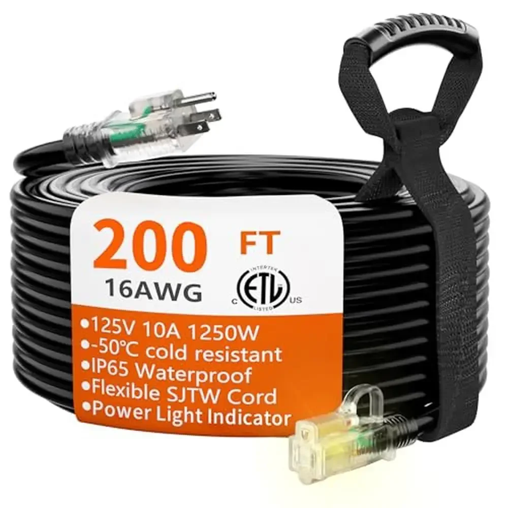 16/3 Gauge 200ft Outdoor Extension Cord Waterproof Lighted End Flexible Cold-Resistant 3 Prong Long Black Safe Power Rating SJTW