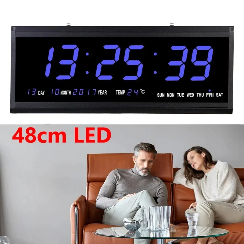Oversized Digital LED Wall Clock - Plug-in Powered, Auto Dimmer, Big Calendar and Thermometer (Blue Black)