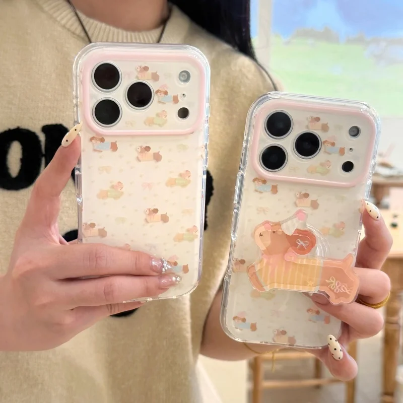 

Fashion Cute Cartoon Puppy Phone Case For iPhone 17 Pro 16 15 Pro Max Cover with Shaking Stand Shockproof Protective Cases Back