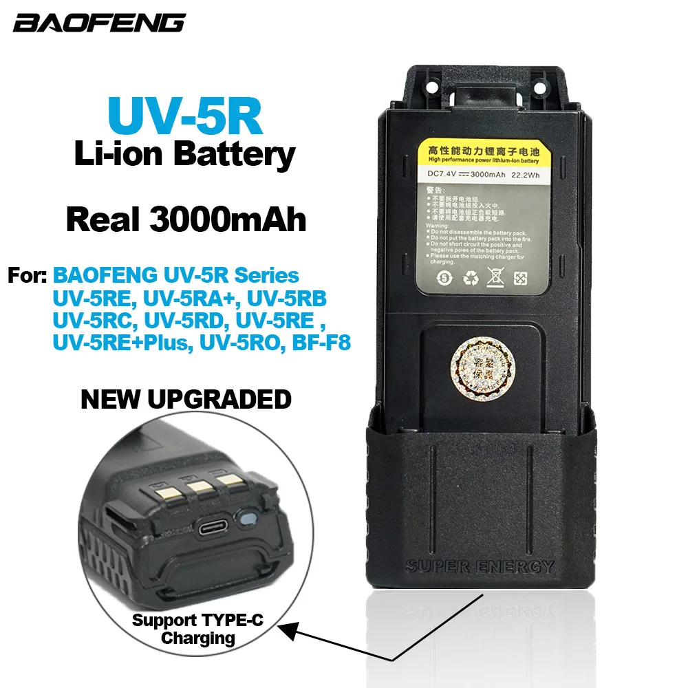 BAOFENG-Batería de UV-5R para walkie-talkie, 3000mAh reales, compatible con carga tipo C para UV5R BF-F8HP F8 + UV5RT, Radios bidireccionales, batería adicional