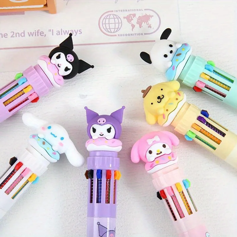 Sanrio desenhos animados caneta esferográfica, Kuromi, Olá Kitty, Cinnamoroll, Papelaria desenhar, Escrevendo Mark Pen, 10 cores, 1pc, 6pcs