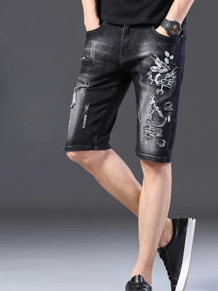 Men\'s Short Jeans Pants Bermuda Long Embroidery Male Denim Shorts Half Black Cowboy With Youthful Emo Rude Popular Trend 2024