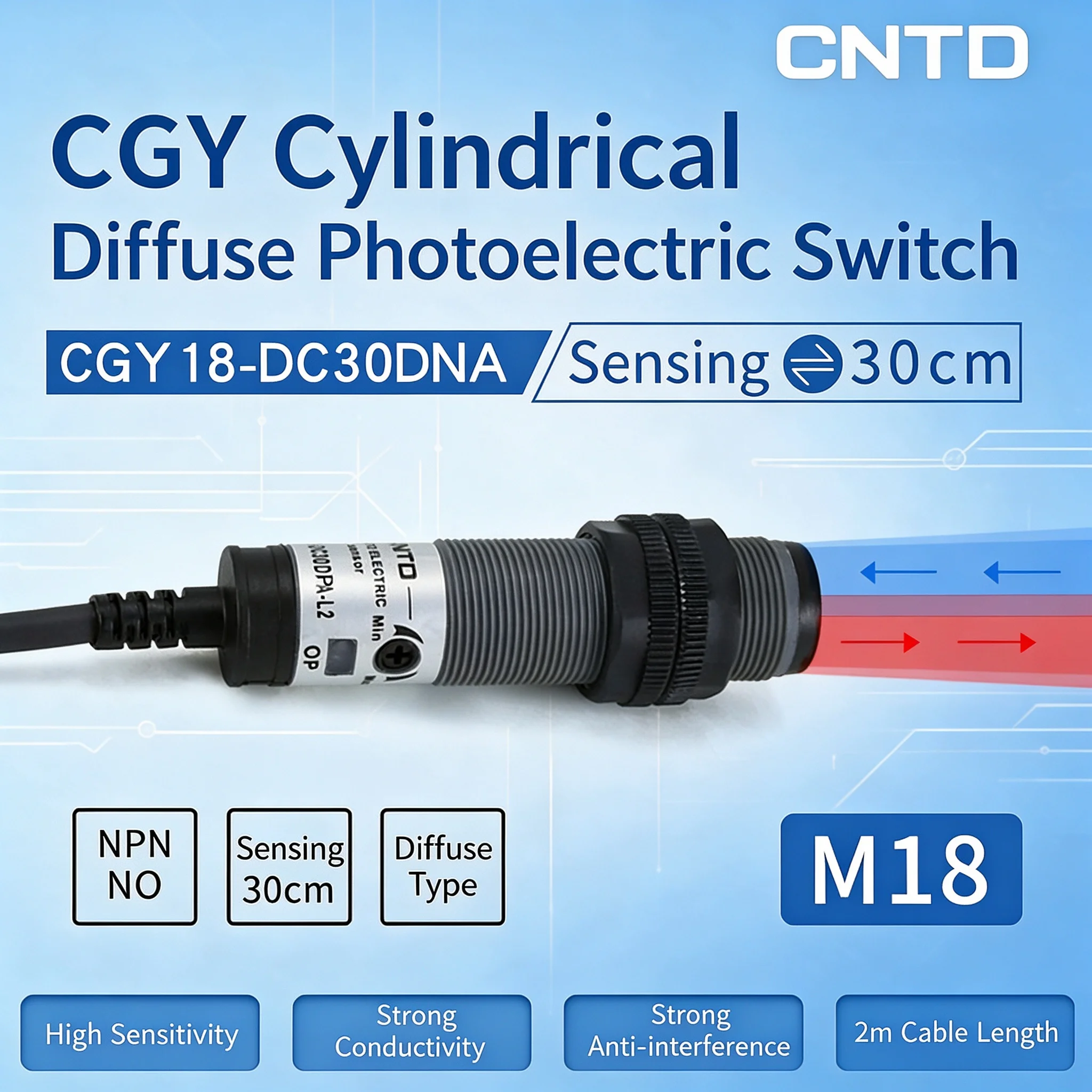 CNTD Cylindrical Diffuse Photoelectric Switch CGY18-D30DNA, 3-wire NPN, Diffuse Reflection, 10-30V, Sensing Distance 10-30cm