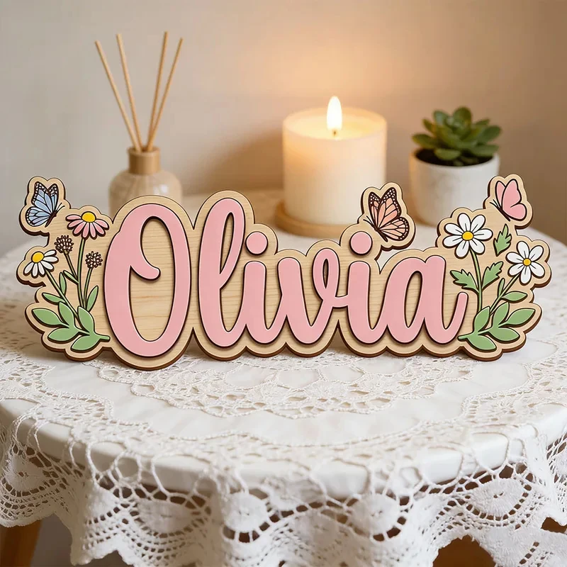 Custom Wildflower Daisy Butterfly Name Plaque for Kids Bedroom Unique Sweet Floral Themed Wooden Door Hanger Gift