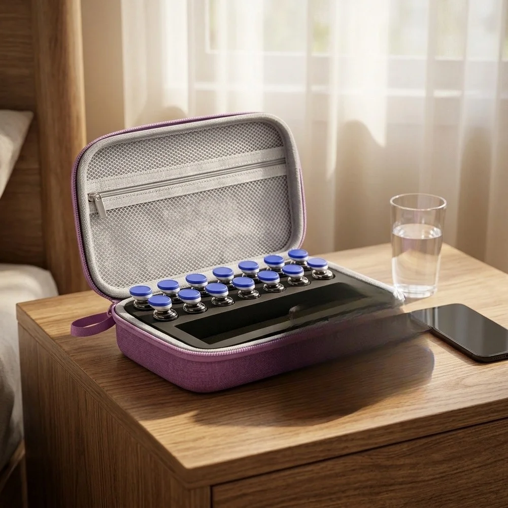 Peptide Vial Storage Box Fabric EVA 20x13x5cm Travel Holder for For medication Refrigerator Temperature Stable