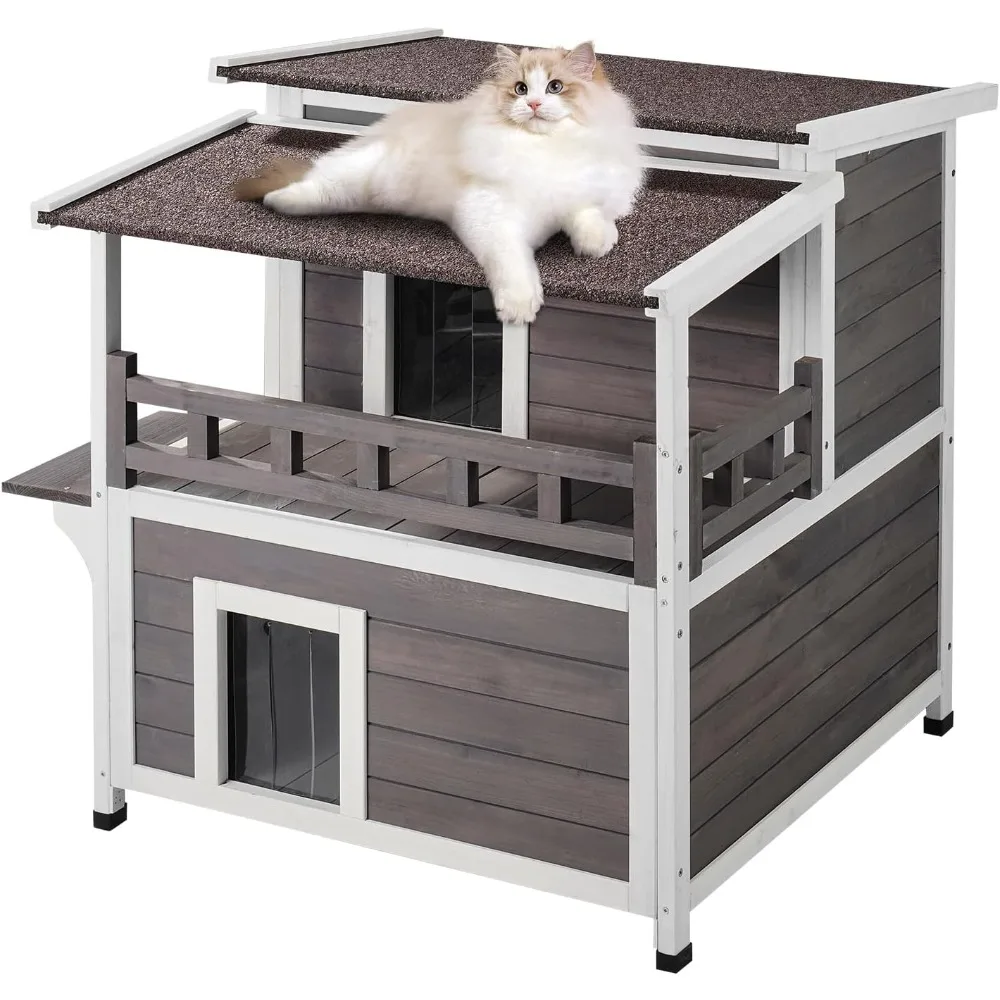 Outdoor Cat House Weatherproof, Feral Cat Shelter for Multiple Cats, 2-Story Large Outdoor Wooden Cat House with Balcony