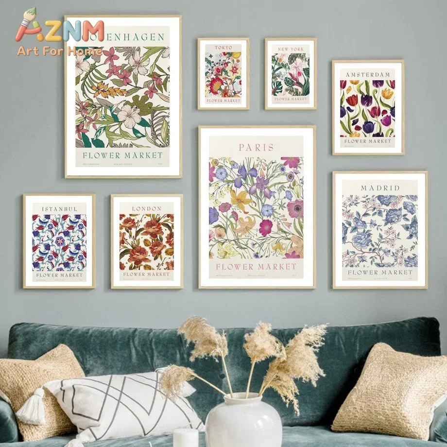 Nordic Abstract Flower City Wall Art Prints,Paris New York Madrid Travel Canvas Poster Decor,Bedroom Living Room Home Decor
