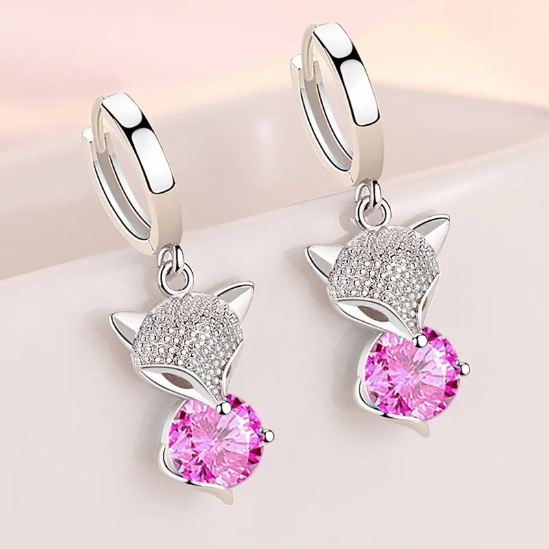 Cute Fashion Small Fox White Blue Pink Round Zircon Animal Earrings For Women 925 Sterling Silver Jewelry Dangle Earrings