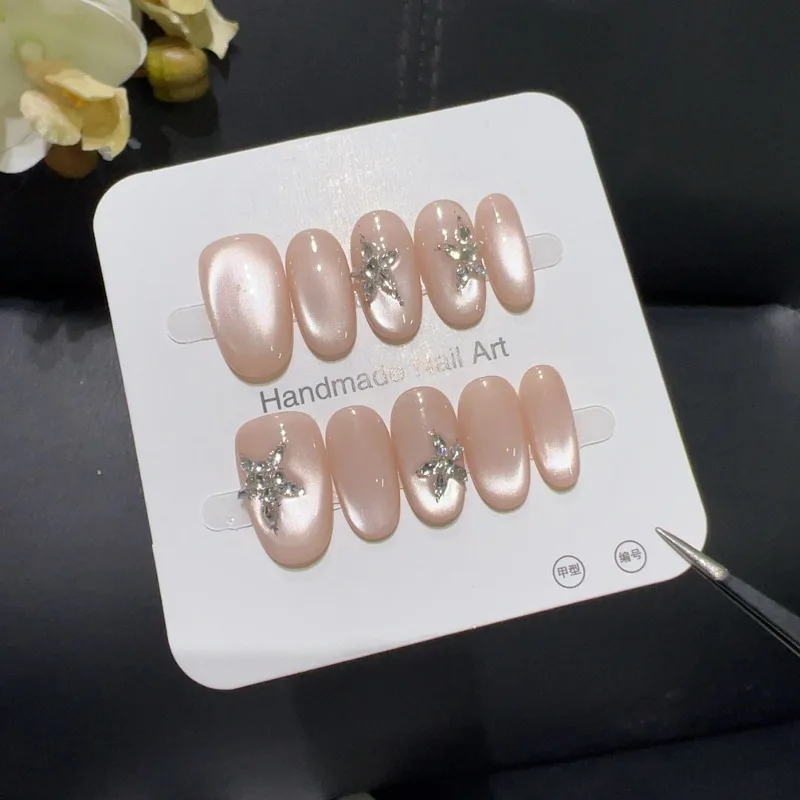 

10pcs Handmade 2025 Nail Tips Pink Cat Eye Star Diamonds Press on Nail for Women False Nails Prosthetic Nail Set High Quality