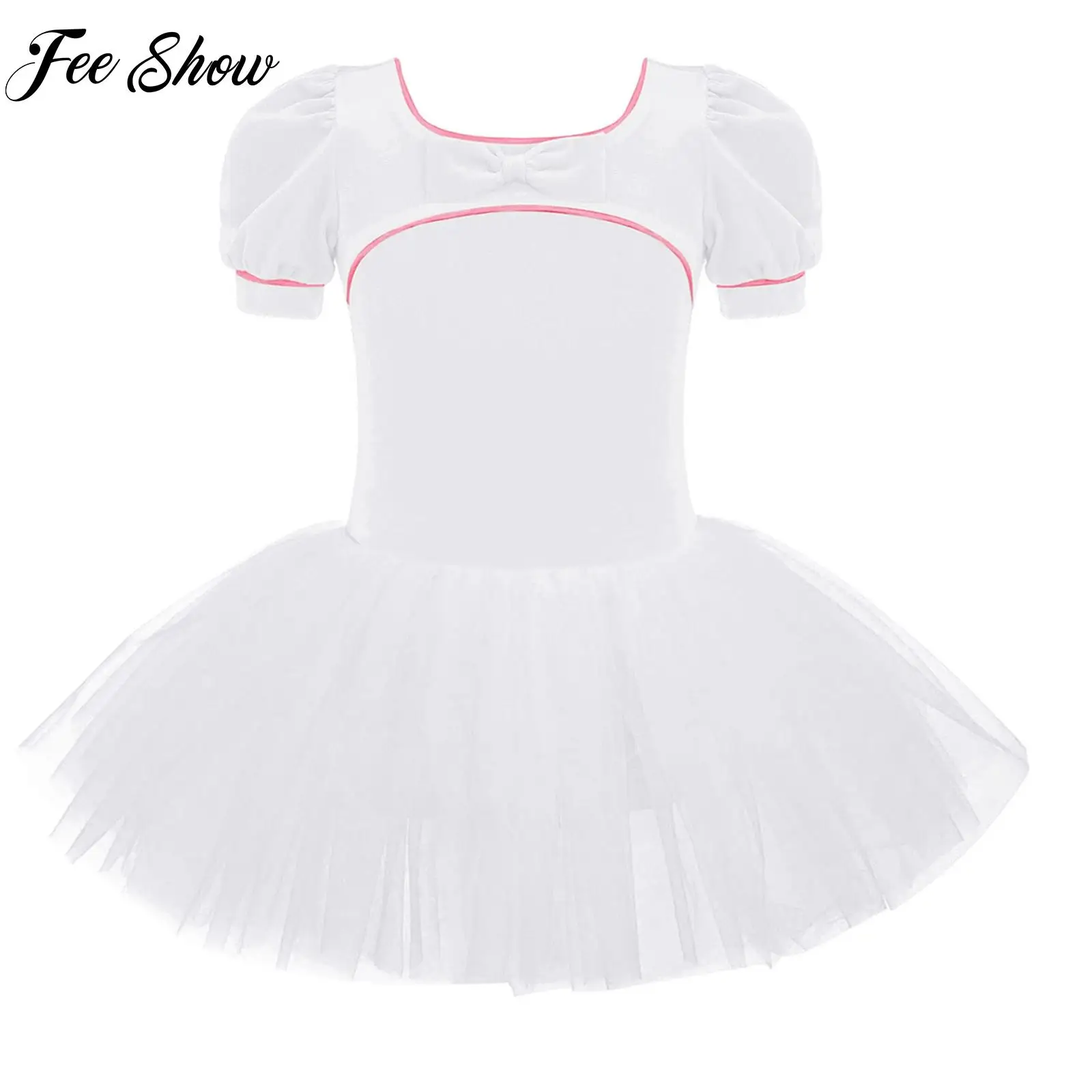 

Girls Professional Gymnastics Ballet Dance Figure Skating Costume Bow Velvet Tulle Dresses for Dance Classs Party Performance