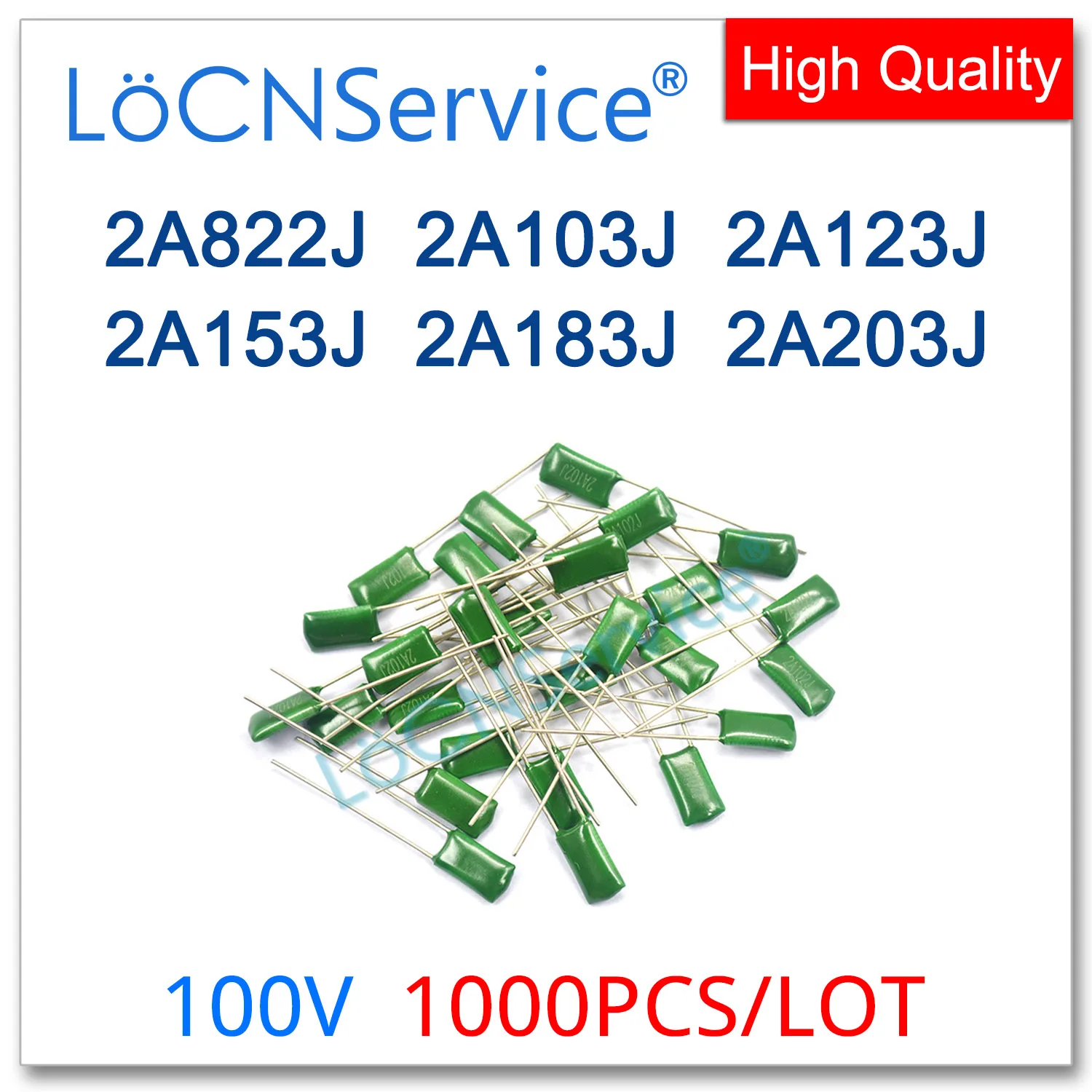 1000 Uds condensador de película de poliéster 100V 2A822J 2A103J 2A123J 2A153J 2A183J 2A203J 8.2NF 10NF 12NF 15NF 18NF 20NF alta calidad