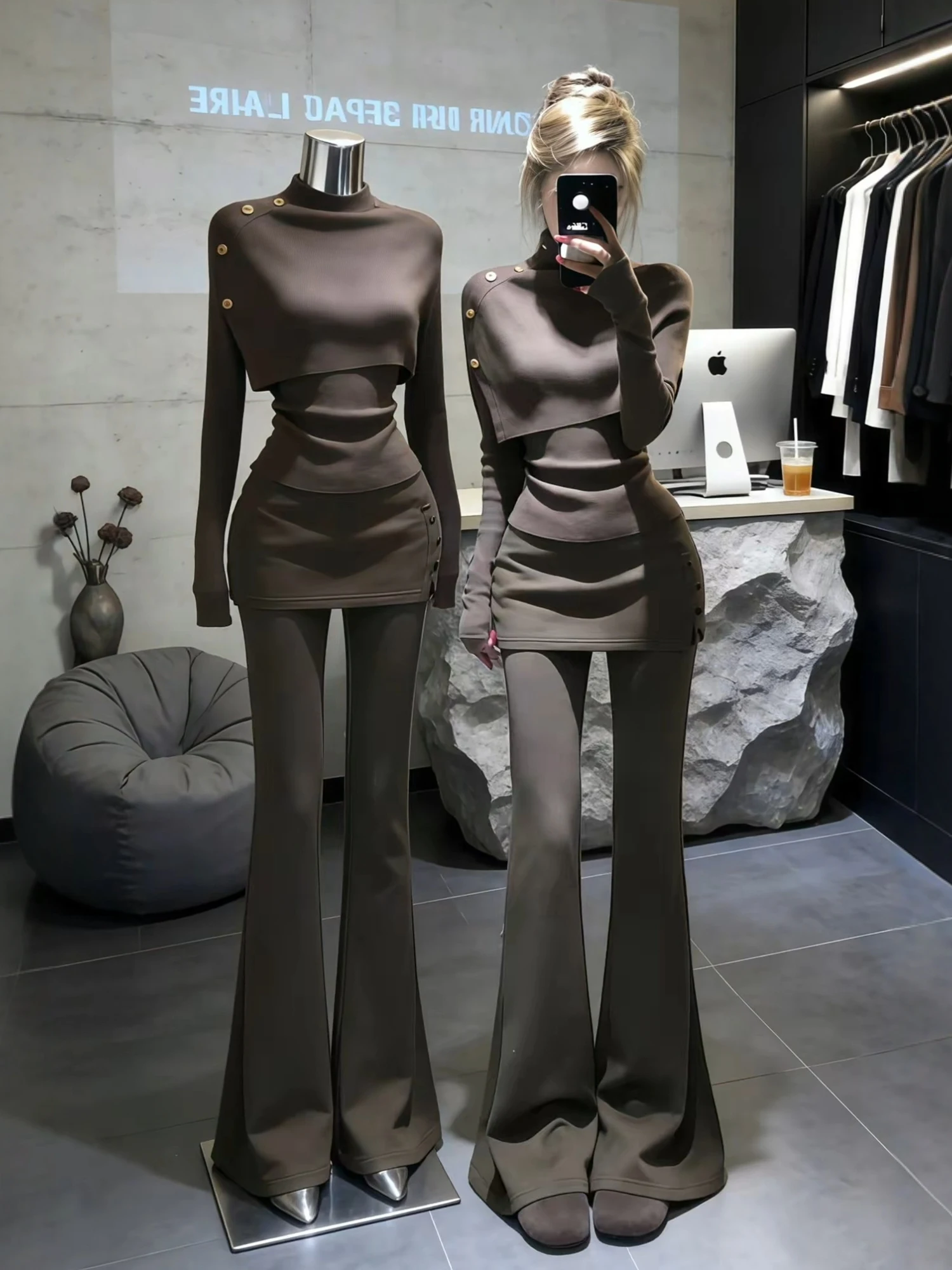 

Spring Casual Knitted Base Layer Women's Set High Waist Slim Fit Long Pants Real Two-Piece Hooded Coat Sli Korean Sle