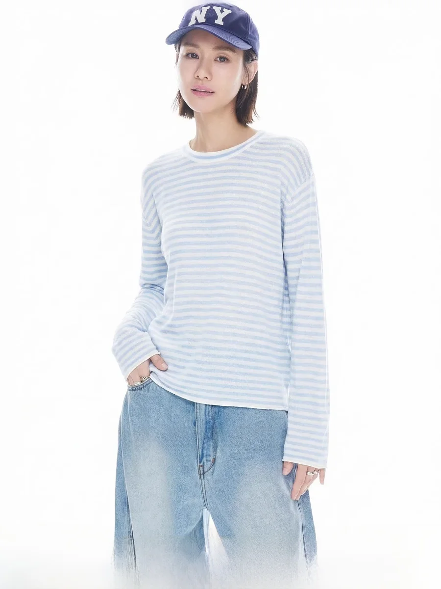 

Cloud Life Warm Knitted Wool Blend Striped round Neck Loose Fit T-Shirt Casual Summer Top Soft Polyester Fiber Long Sleeve