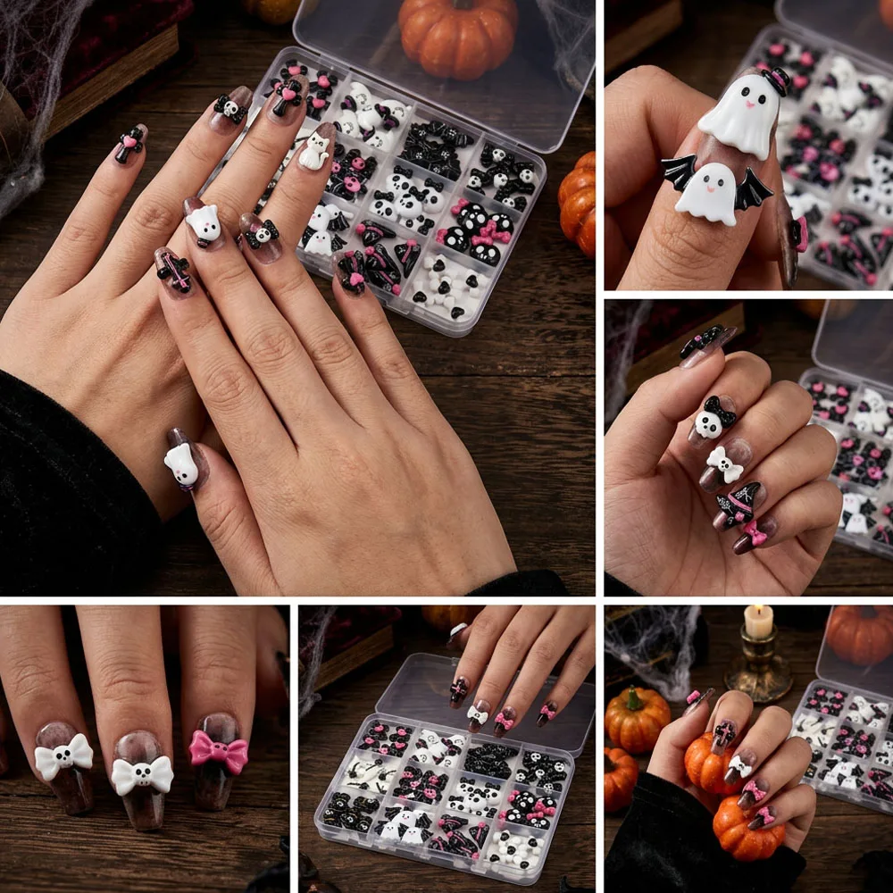 12er-Set 3D Schwarz-Weiß Halloween Nagel-Charms: Niedliche Totenkopf-/Geister-/Kreuz-/Katzen-/Kürbis-/Fledermaus-Nagelsteine aus Harz mit flacher Rückseite zur Nageldekoration – Detail 7