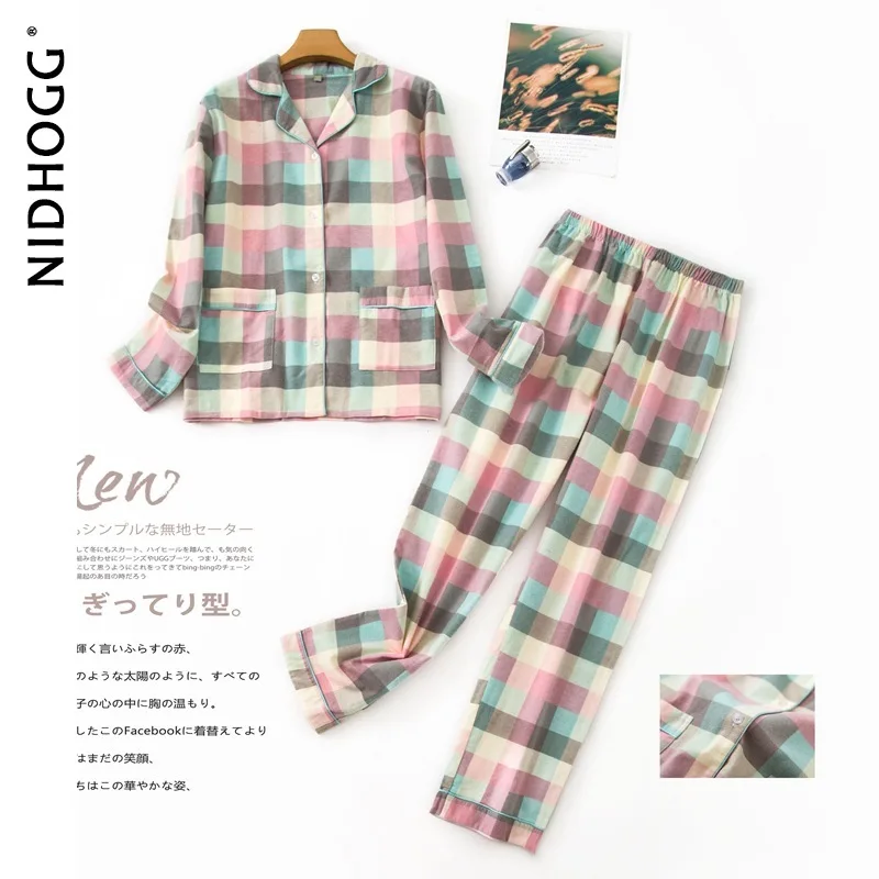 New Long Sleeve Pajamas for Women 100% Cotton Plaid Red Sleepwear Lapel Casual Print Set 2 Piece Plus Size Pijamas Home Clothes