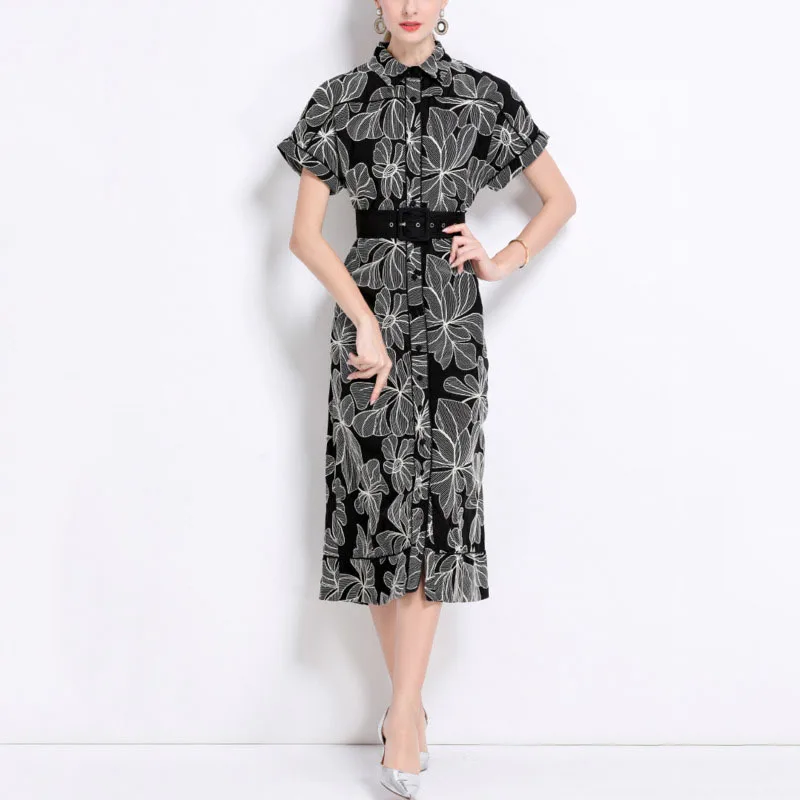 HKSH صيف جديد المرأة الفرنسية مزاجه أنيقة Ins بدوره إلى أسفل طوق مطبوعة الخصر Cinching واحدة الصدر فستان طويل HK6334