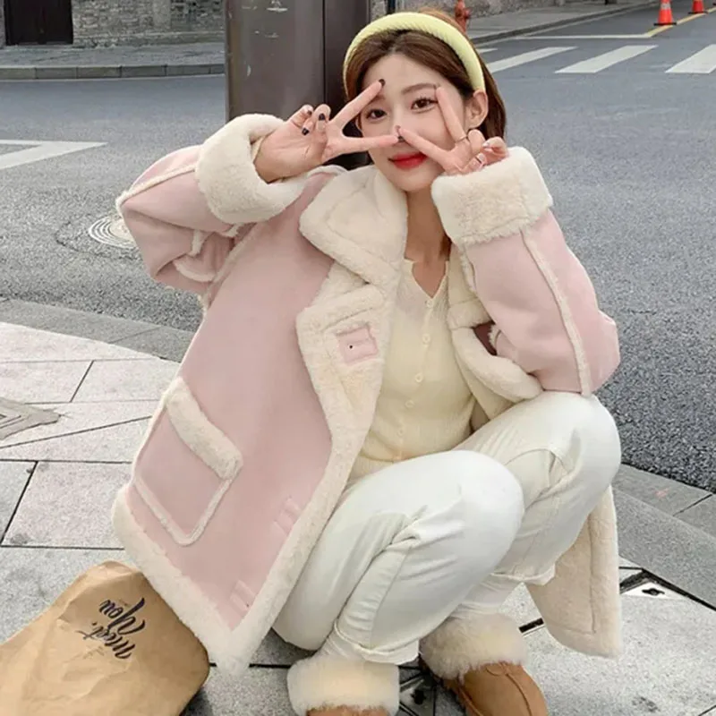 Lambs Wool Coat Women Turtleneck Sweet Pink Winter Faux Fur Outwear Fluffy Thick Padded Warm Korean Jacket Female Tops