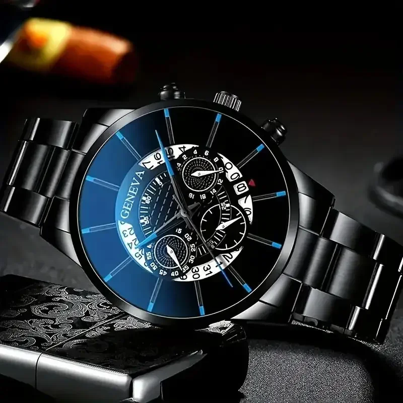 4/1Pcs Mens Watch Set Cool Punk Skull Chronograph Quartz Wristwatch, Mixed Steel & Leather Strap, Men Gift Watches
