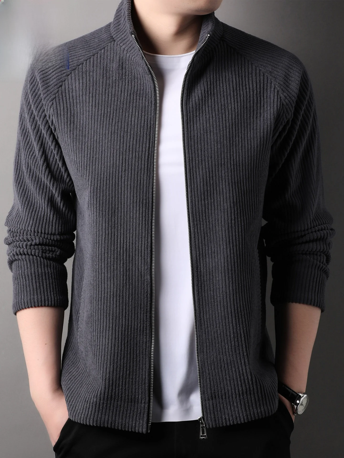 

Loose Fit Corduroy Jaet Men's Spring Autumn New Sle Woodpeer Stand Collar Zipper Closure Faion Urban Casual Outerwear