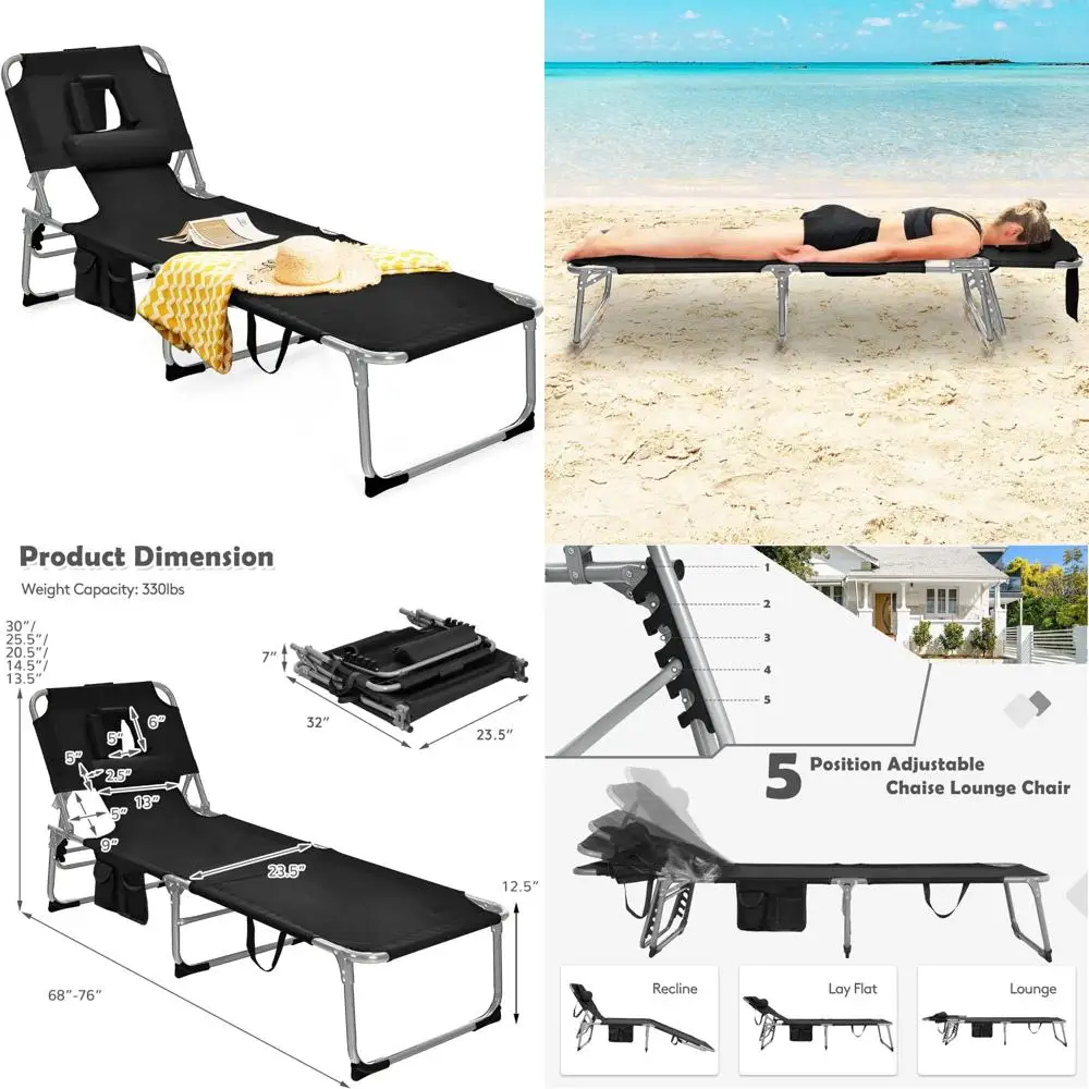 

Adjustable Reclining Beach Sunbathing Lounge Chair with Face Hole and Side Pocket, Portable Outdoor Folding Chair for Patio Use
