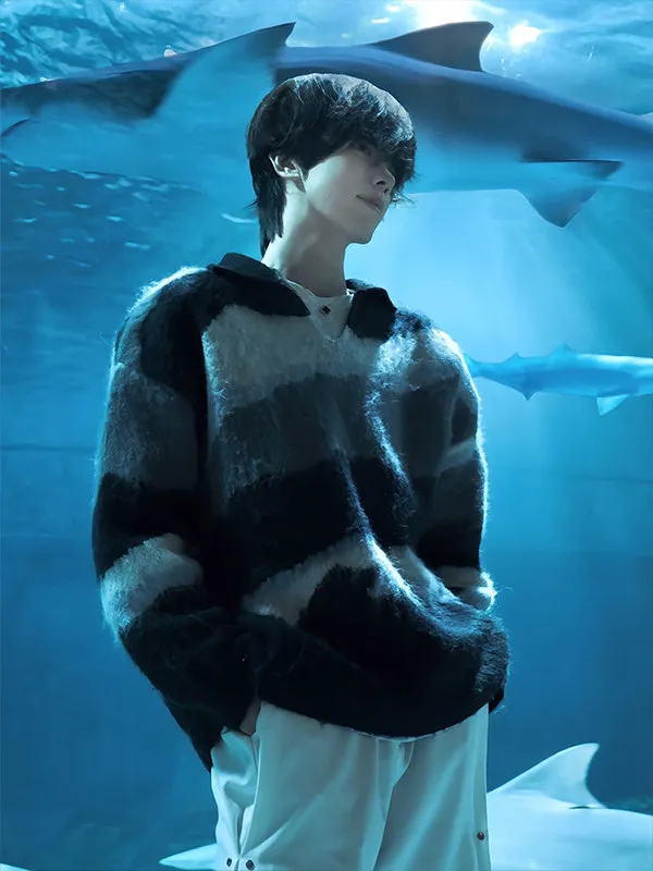 

Мужской вязаный свитер с V-образным вырезом, в полоску, с имитацией меха, свободного кроя, удобный, дышащий, теплый, осенне-зимний топ