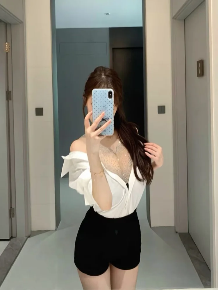 

Romantic Star River One-oulder Sexy Missy Sle irt Design Netting Tulle Diamond Embellied oulder Long Sve...