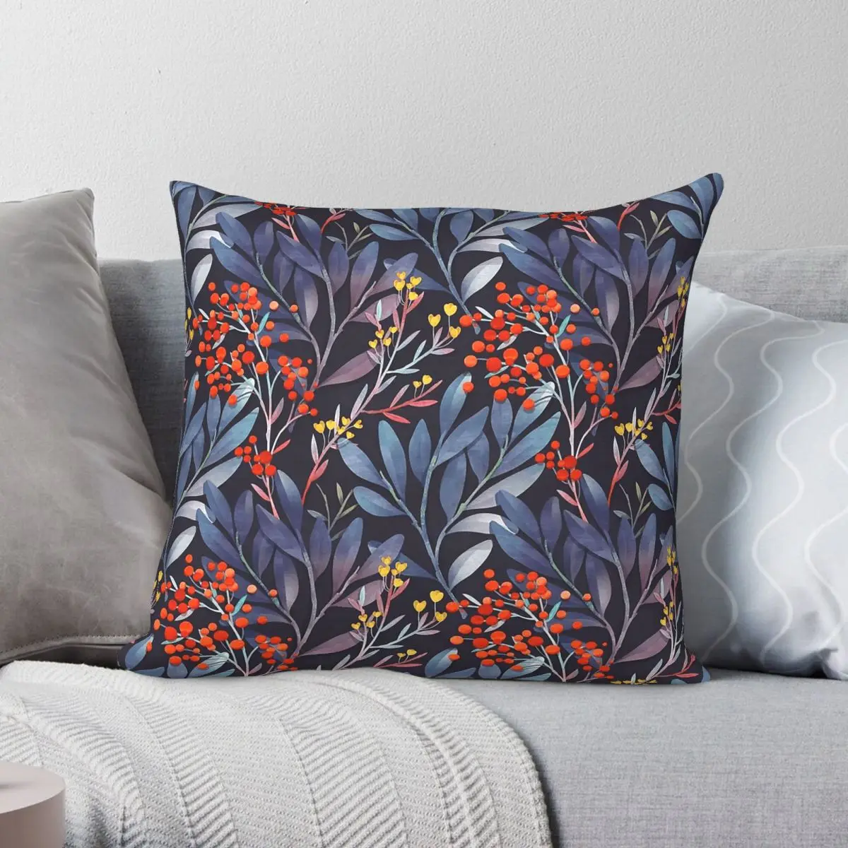 Midnight Flower Botanical Square Pillowcase Polyester Linen Velvet Pattern Zip Decor Bed Cushion Cover