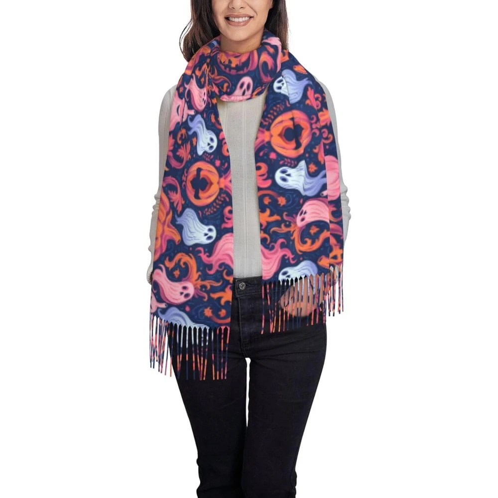

Шарф с принтом Хэллоуина, длинные стильные шарфы из искусственного кашемира с кисточками на весну, осень-зиму, неоновый струйный череп