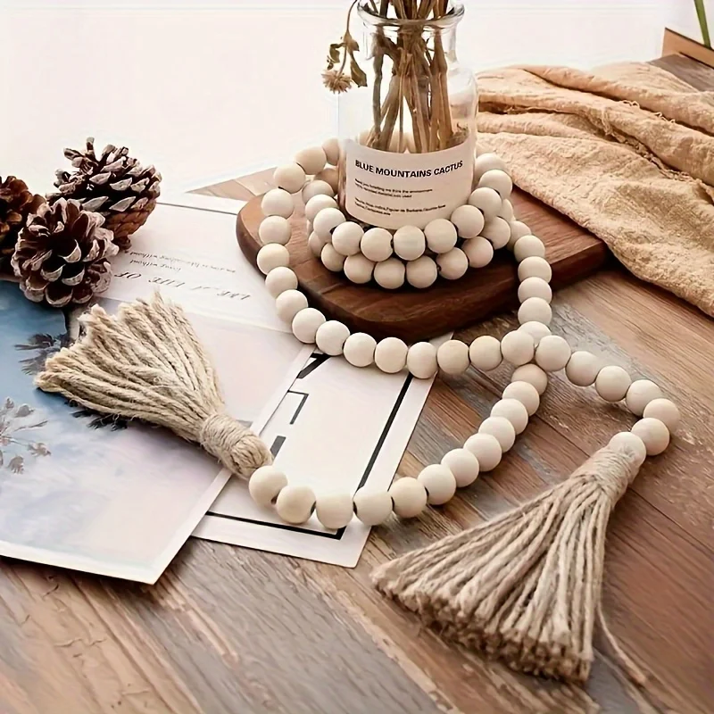 1Pc Wooden Bead Wreath Tassel Hemp Rope Hanging Pendant Nordic Home Decor for Valentine's Day Mother's Day Living Room Bedroom