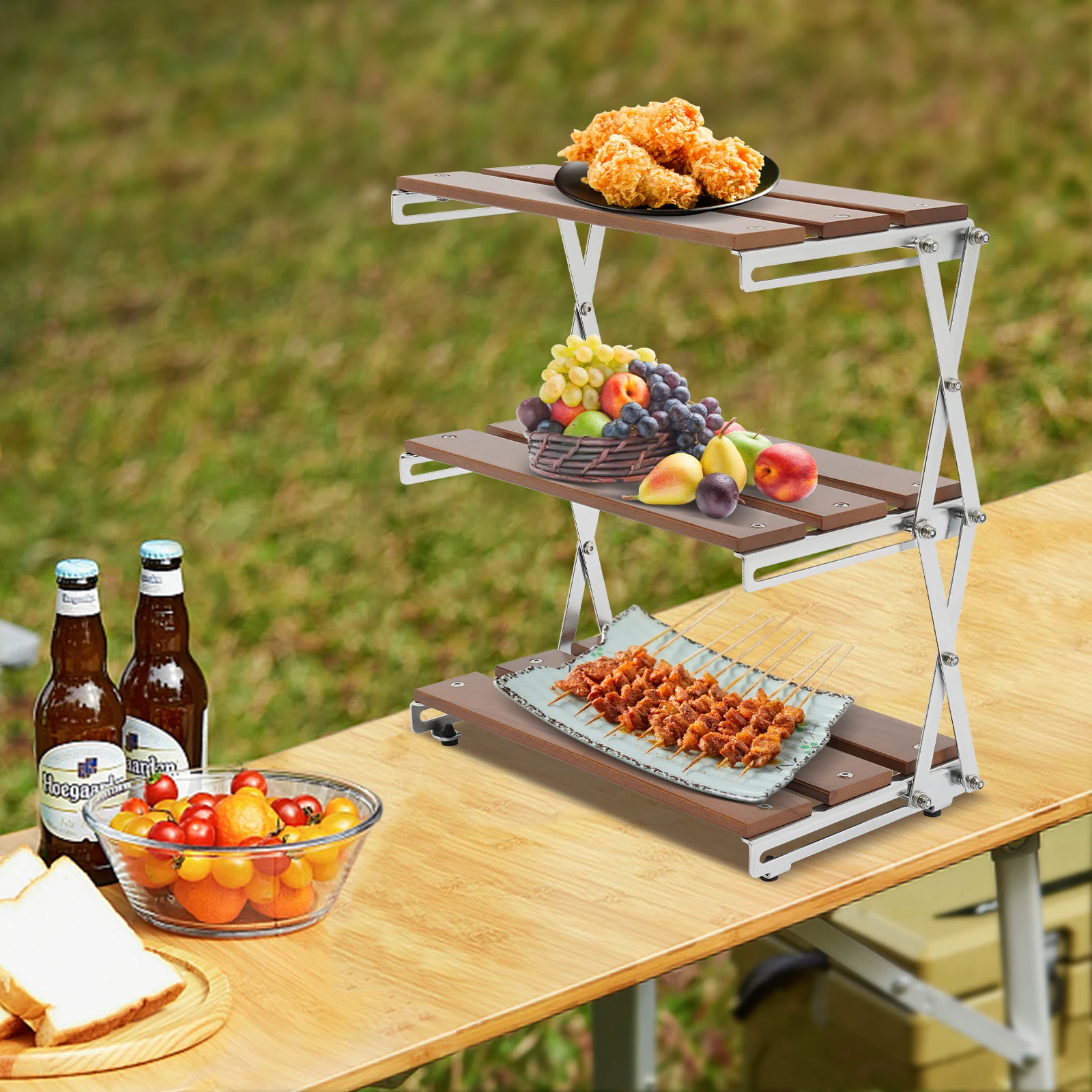 

3-Tier Outdoor BBQ Grill Shelf, Camping Folding Storage Rack, Natural Wood Organizer Stand, Picnic Kitchen Countertop Shelf